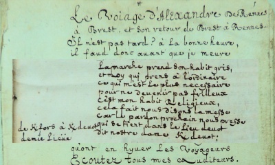 AD35 9H47 Voiage de Rennes à Brest, Kerfors-Kerdévot 1675, « La Marche prend son habit gris [...] Cela fait nous disons la messe Car le pardon prochain nous presse Qui se tient dans le lieu dévot Dit Nostre Dame Kerdevot»