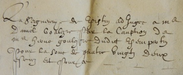 1592, A34. "La seigneurye de Keristin adjugée à maistre Daniel Goulezre par la cauption de maistre Hervé Goalezre dudict Kempertin. Pour la some de quatre vingt deux escuz. Et pour ce ..."