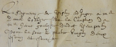 1592, A34. "La seigneurye de Keristin adjugée à maistre Daniel Goulezre par la cauption de maistre Hervé Goalezre dudict Kempertin. Pour la some de quatre vingt deux escuz. Et pour ce ..."